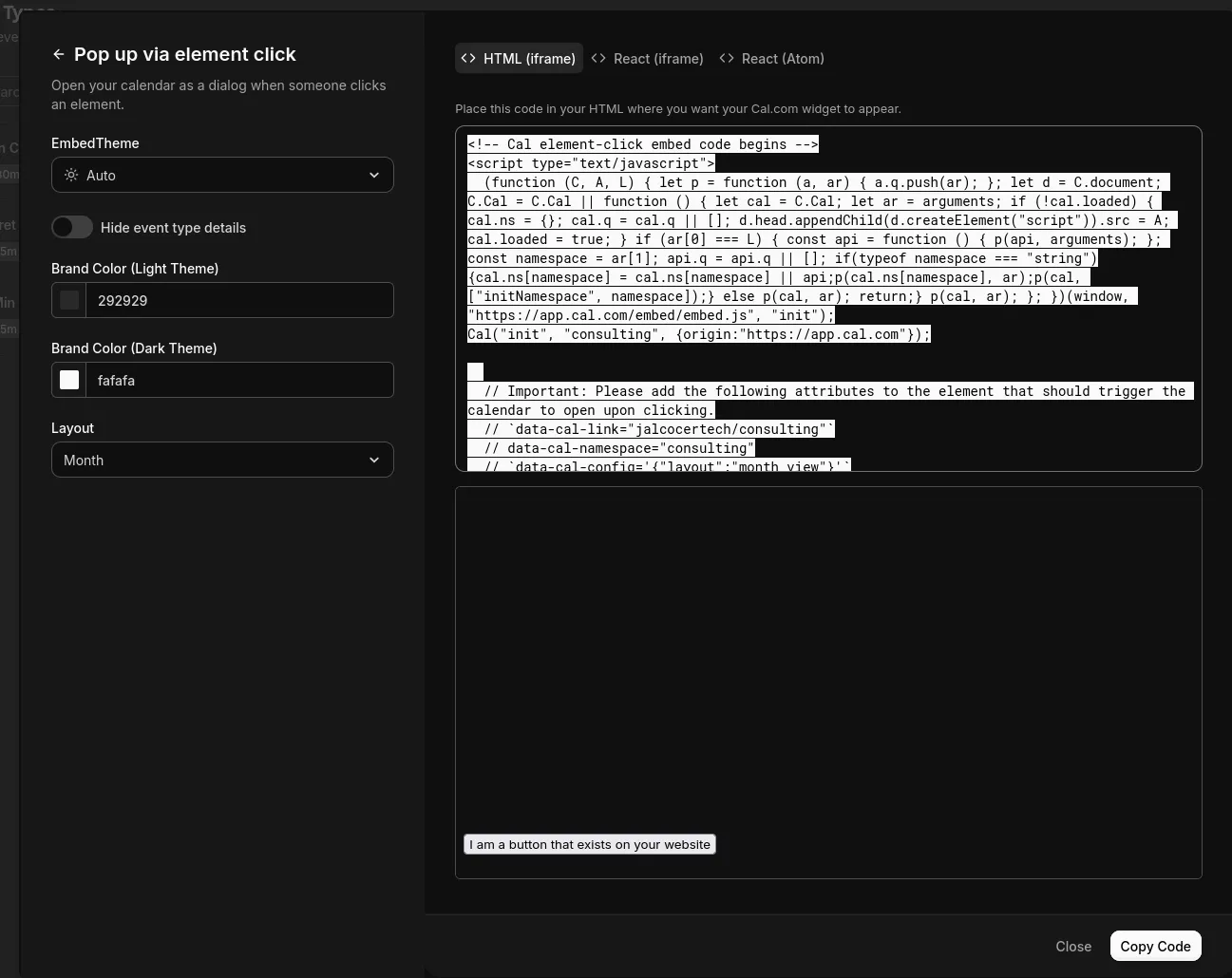 Getting the HTML code from Cal.com to embed into your website